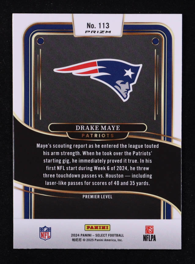 Drake Maye 2024 Select Prizm Black and Red Shock #113 RC at PristineAuction.com Drake Maye 2024 Select Prizm Black and Red Shock #113 RC at PristineAuction.com