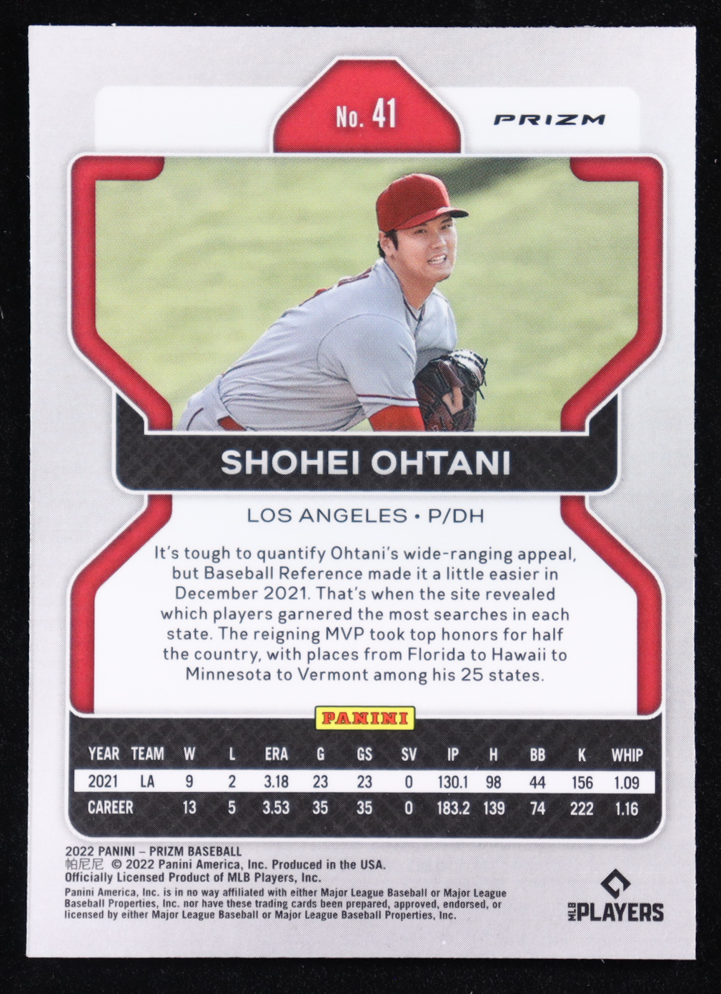 Shohei Ohtani 2022 Panini Prizm Prizms Red White and Blue #41 at PristineAuction.com Shohei Ohtani 2022 Panini Prizm Prizms Red White and Blue #41 at PristineAuction.com