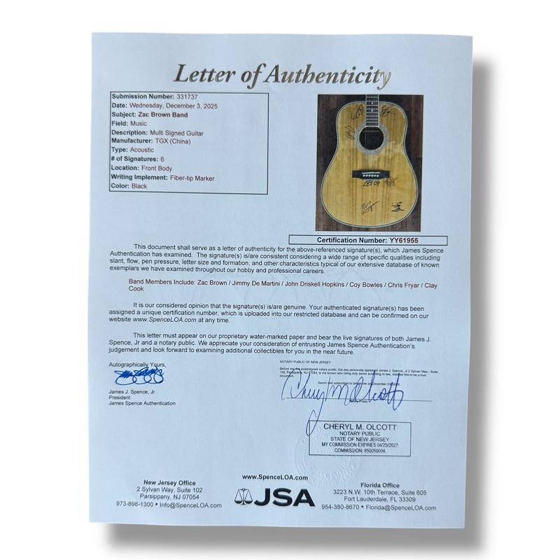 "Zac Brown Band" Custom TGX Acoustic Guitar Band-Signed By (6) with Zac Brown, Coy Bowles, John Driskell Hopkins (JSA) at PristineAuction.com "Zac Brown Band" Custom TGX Acoustic Guitar Band-Signed By (6) with Zac Brown, Coy Bowles, John Driskell Hopkins (JSA) at PristineAuction.com