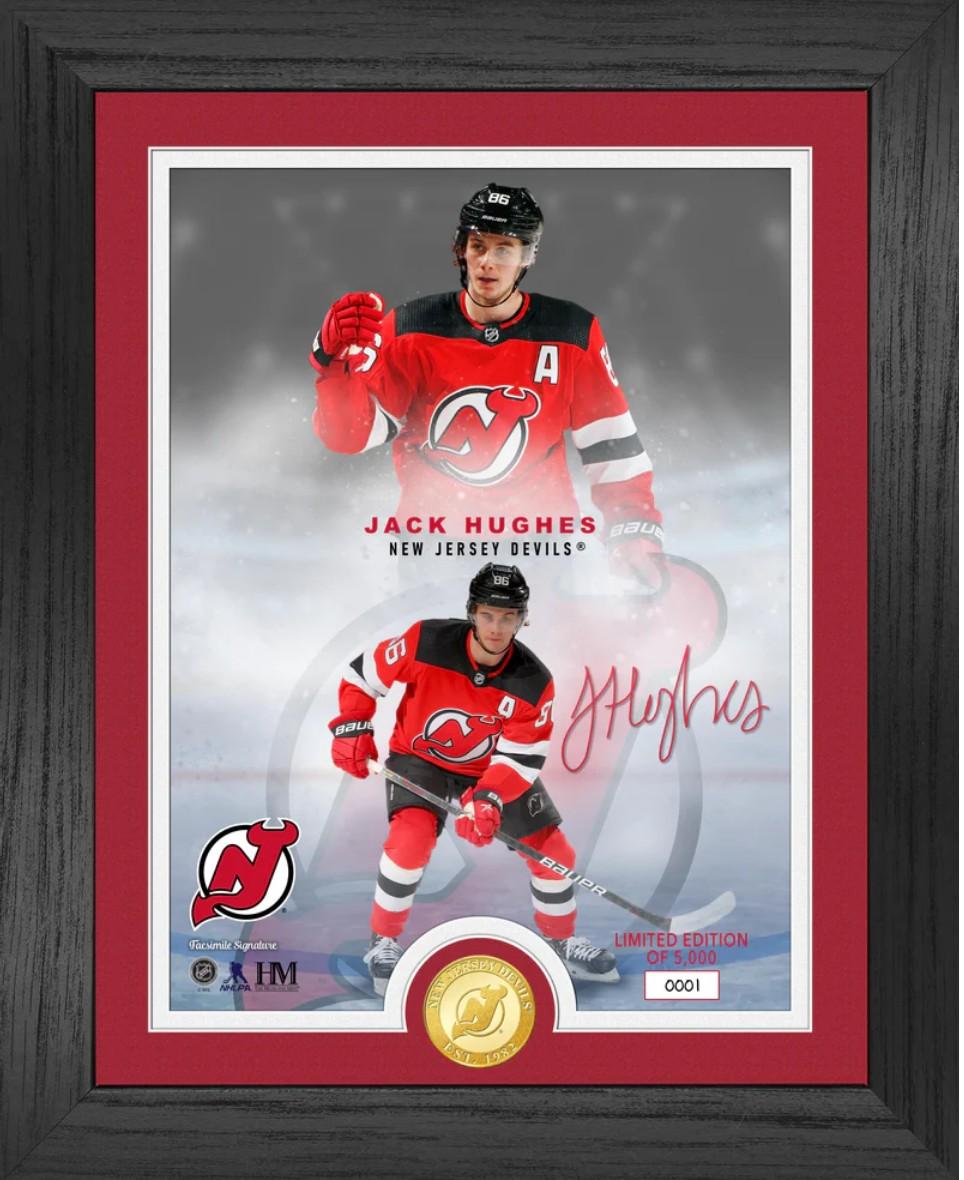 Jack Hughes Devils LE Custom Framed Photo Mint with Bronze Coin at PristineAuction.com Jack Hughes Devils LE Custom Framed Photo Mint with Bronze Coin at PristineAuction.com