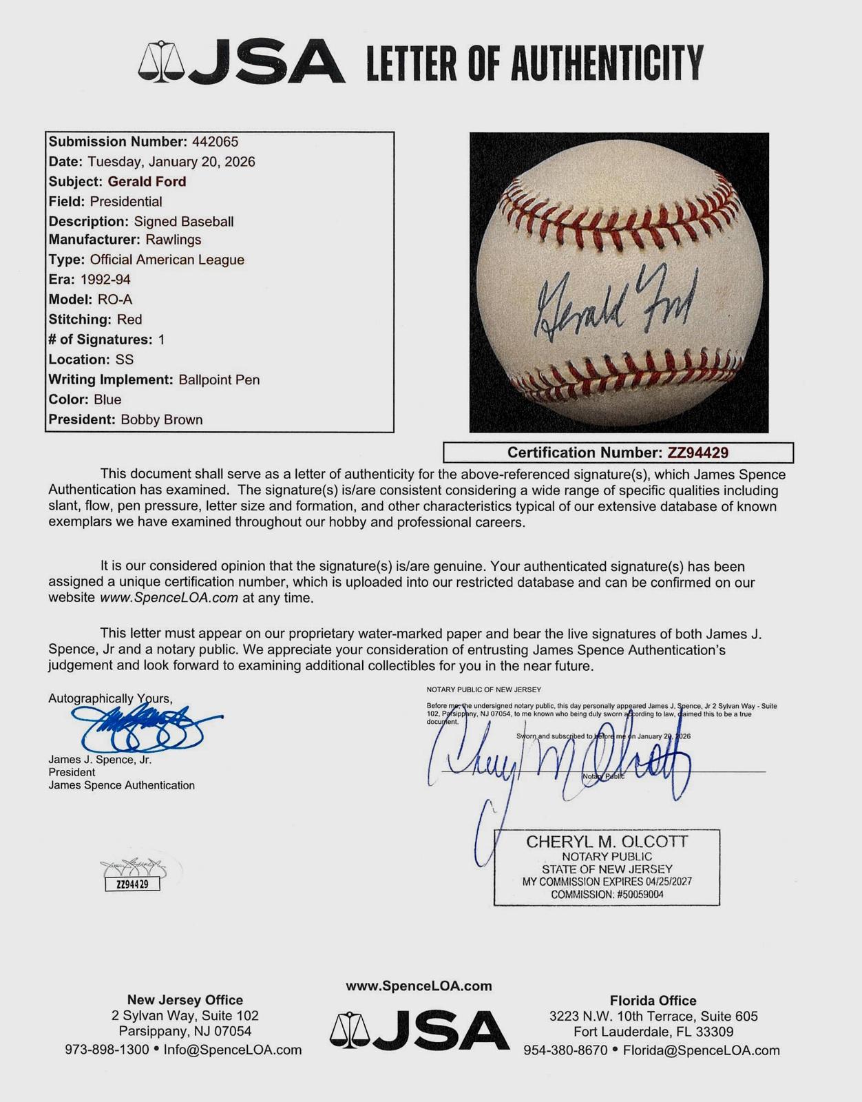 Gerald Ford Signed OAL Baseball (JSA) at PristineAuction.com Gerald Ford Signed OAL Baseball (JSA) at PristineAuction.com