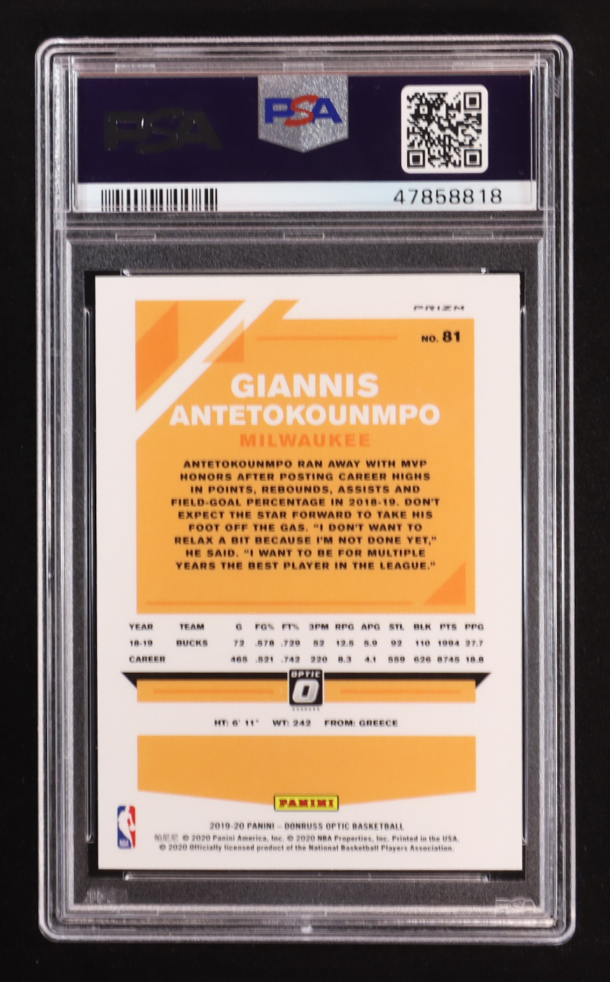 Giannis Antetokounmpo 2019-20 Donruss Optic Blue Velocity #81 (PSA 10) at PristineAuction.com Giannis Antetokounmpo 2019-20 Donruss Optic Blue Velocity #81 (PSA 10) at PristineAuction.com