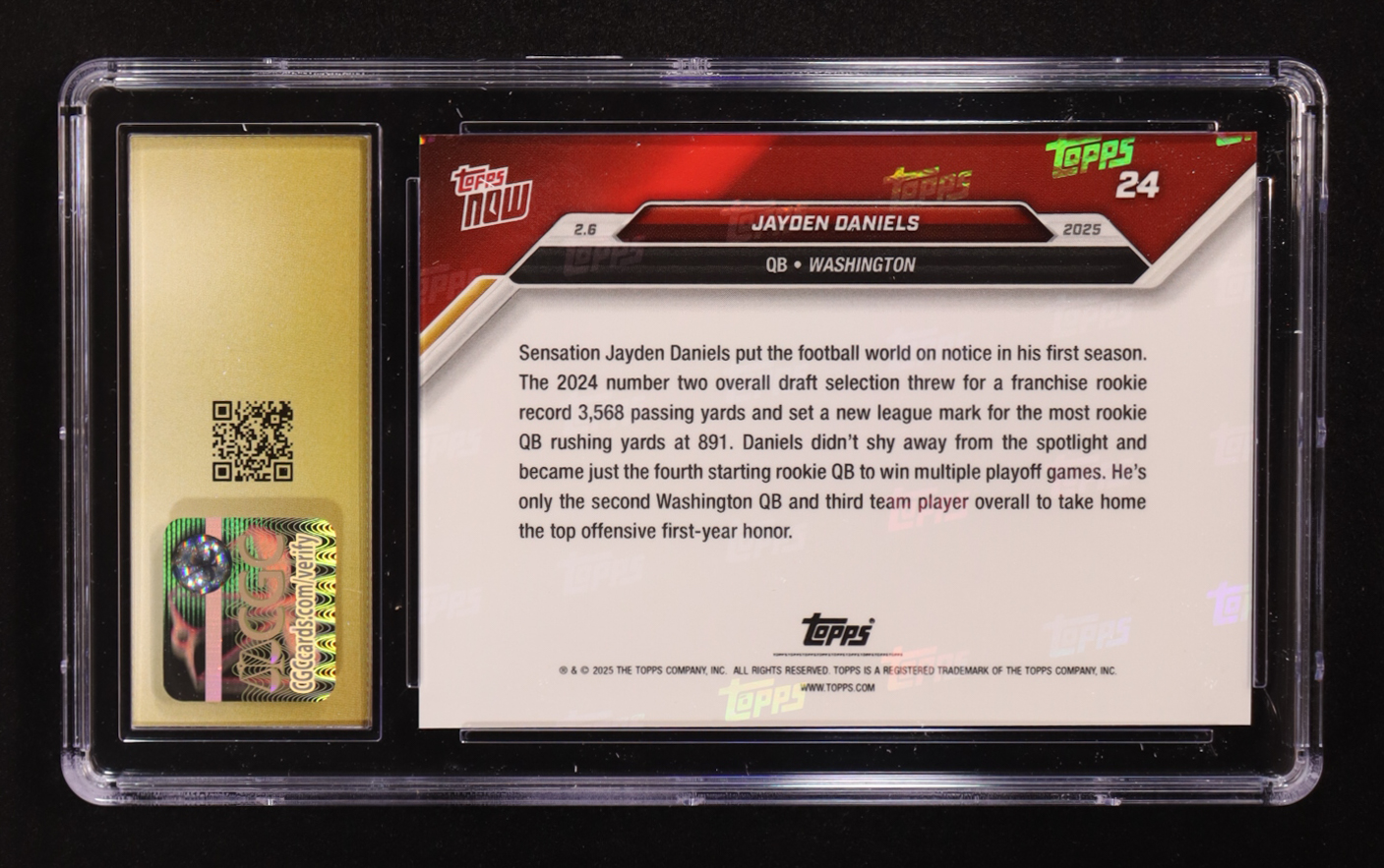 Jayden Daniels 2025 Topps Now #24 RC (CGC | Black Label Pristine 10) at PristineAuction.com Jayden Daniels 2025 Topps Now #24 RC (CGC | Black Label Pristine 10) at PristineAuction.com