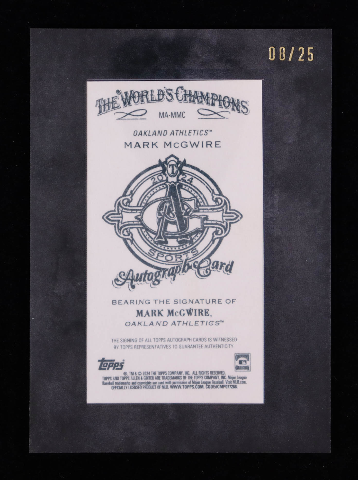 Mark McGwire 2024 Topps Allen and Ginter Framed Mini Autographs Black Frame #MAMMC #08/25 at PristineAuction.com Mark McGwire 2024 Topps Allen and Ginter Framed Mini Autographs Black Frame #MAMMC #08/25 at PristineAuction.com