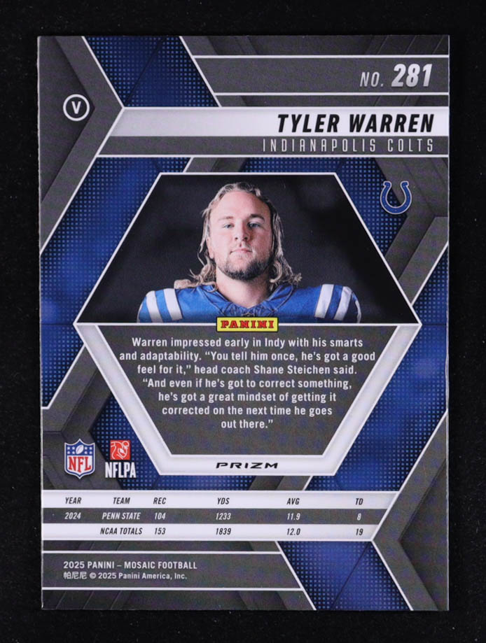 Tyler Warren 2025 Panini Mosaic Mosaic Camo Pink #281 VAR RC at PristineAuction.com Tyler Warren 2025 Panini Mosaic Mosaic Camo Pink #281 VAR RC at PristineAuction.com