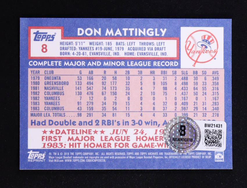 Don Mattingly Signed 2018 Topps Archives Rookie History #8 (Beckett) at PristineAuction.com Don Mattingly Signed 2018 Topps Archives Rookie History #8 (Beckett) at PristineAuction.com