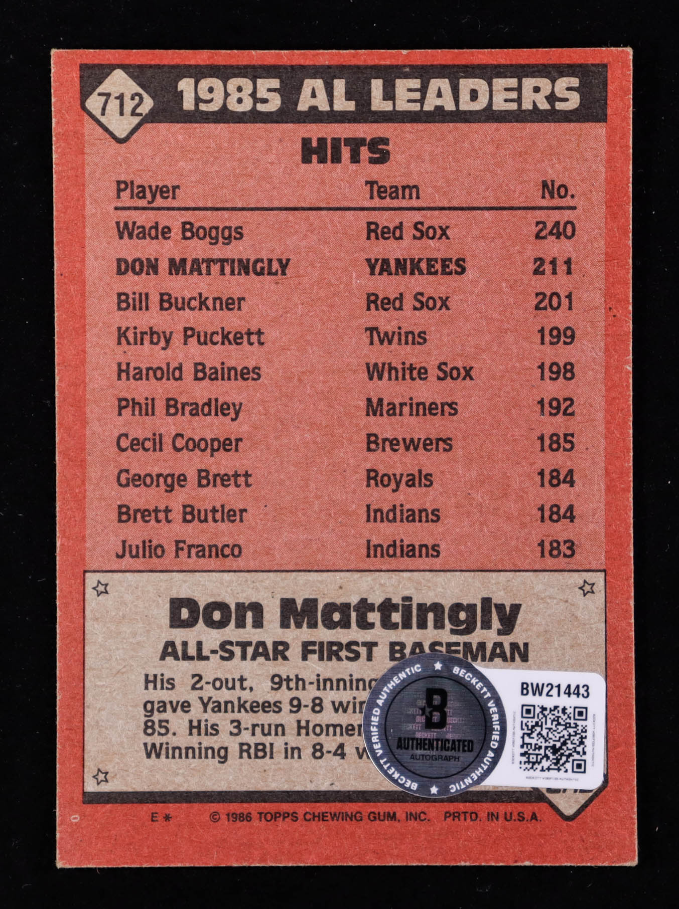 Don Mattingly Signed 1986 Topps #712 AS Inscribed "1985 A.L. MVP" (Beckett) at PristineAuction.com Don Mattingly Signed 1986 Topps #712 AS Inscribed "1985 A.L. MVP" (Beckett) at PristineAuction.com