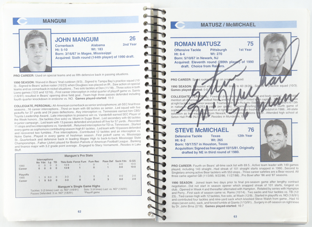 Kevin Butler & Steve McMichael Signed 1991 Bears Football Media Guide Booklet Inscribed "76 Bears" (Beckett) at PristineAuction.com Kevin Butler & Steve McMichael Signed 1991 Bears Football Media Guide Booklet Inscribed "76 Bears" (Beckett) at PristineAuction.com
