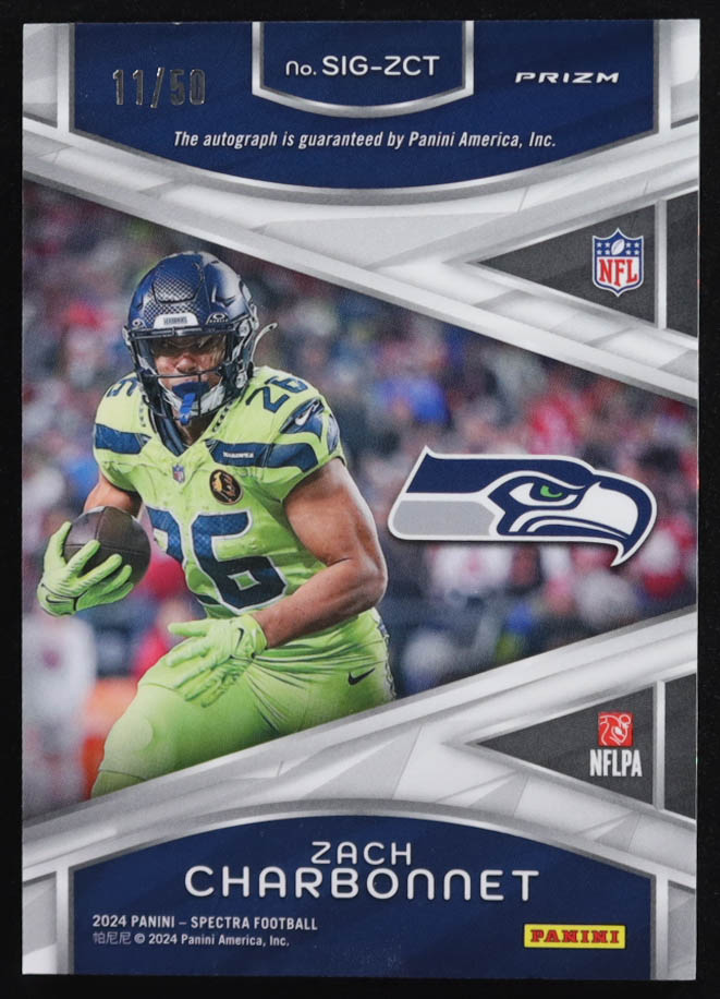 Zach Charbonnet 2024 Panini Spectra Signatures Neon Blue #22 #11/50 at PristineAuction.com Zach Charbonnet 2024 Panini Spectra Signatures Neon Blue #22 #11/50 at PristineAuction.com
