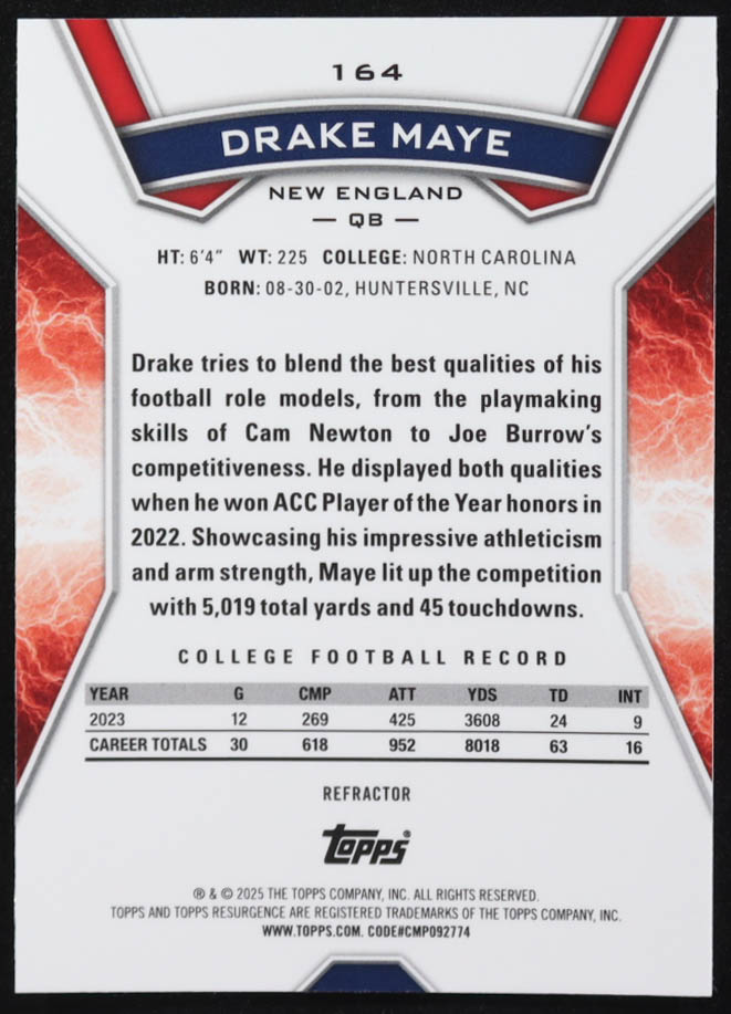 Drake Maye 2024 Topps Resurgence Refractors #164 RC at PristineAuction.com Drake Maye 2024 Topps Resurgence Refractors #164 RC at PristineAuction.com