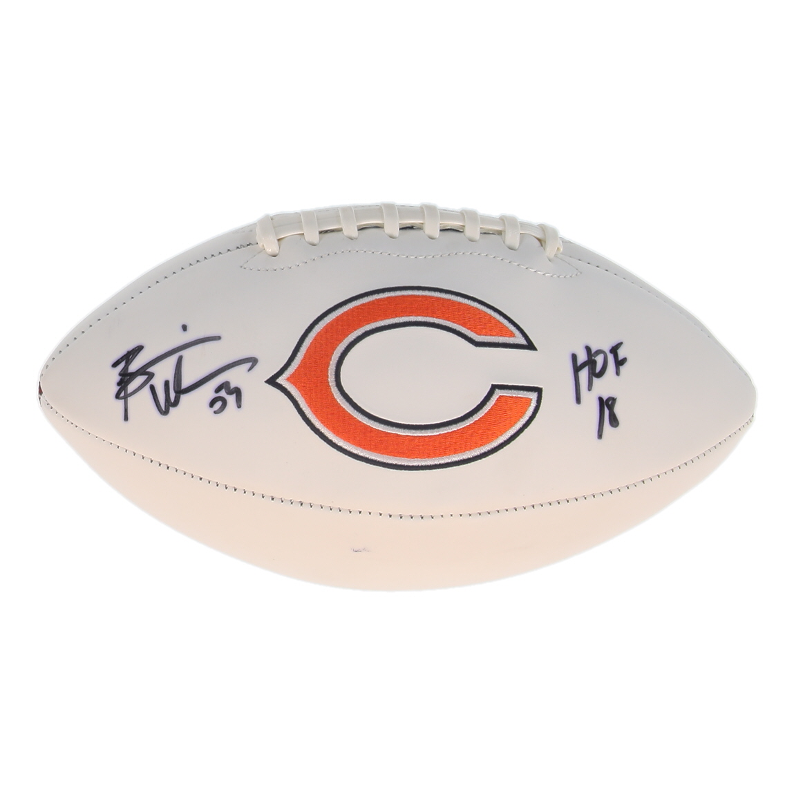 Brian Urlacher Signed Bears Logo Football Inscribed "HOF 18" (Beckett) at PristineAuction.com Brian Urlacher Signed Bears Logo Football Inscribed "HOF 18" (Beckett) at PristineAuction.com