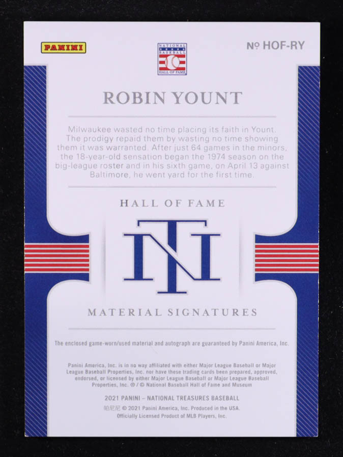 Robin Yount 2021 Panini National Treasures Hall of Fame Material Signatures #5 #01/25 at PristineAuction.com Robin Yount 2021 Panini National Treasures Hall of Fame Material Signatures #5 #01/25 at PristineAuction.com