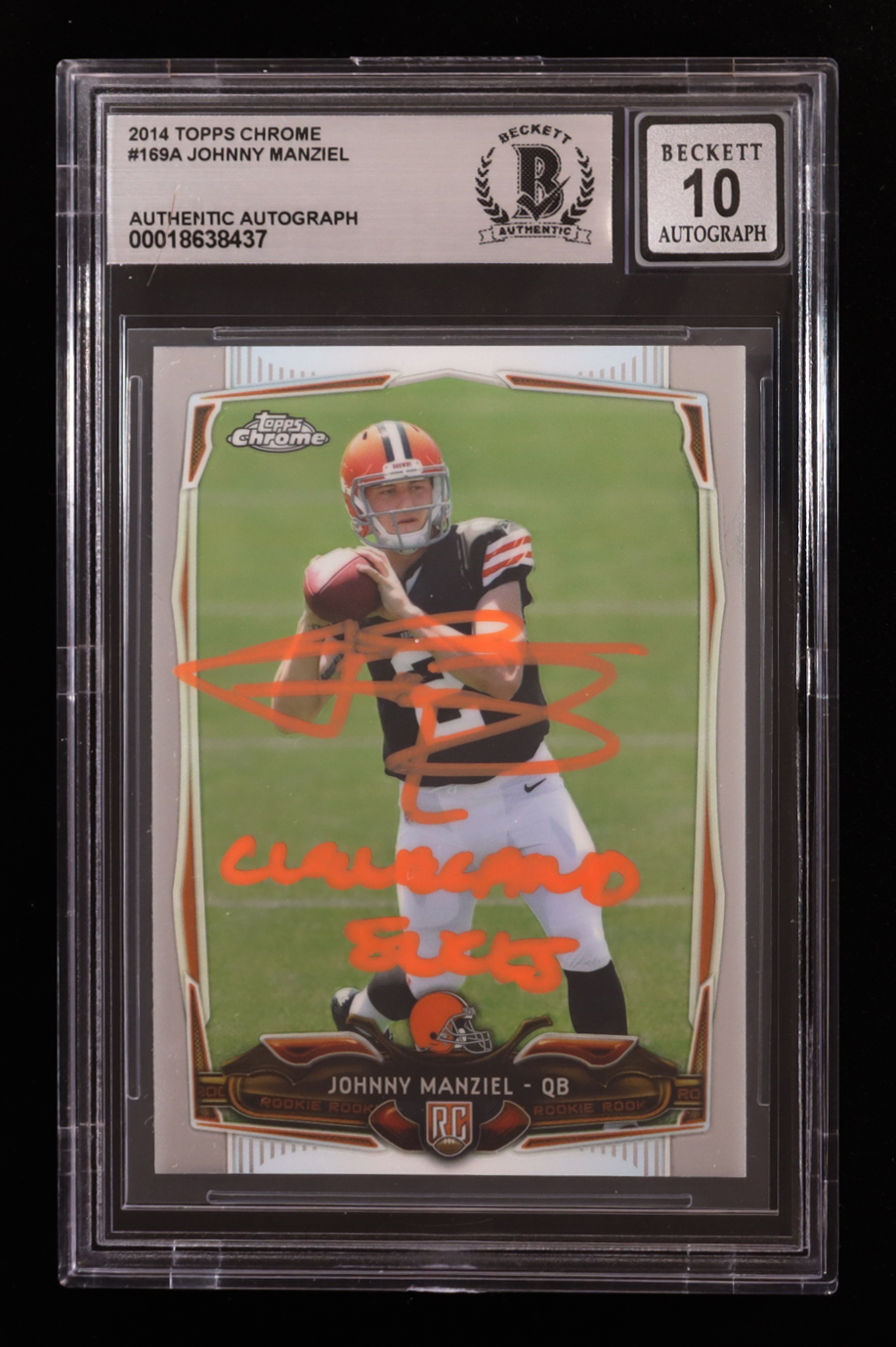 Johnny Manziel Signed 2014 Topps Chrome #169A RC Inscribed "Cleveland Sucks" (BGS | Autograph Graded 10) at PristineAuction.com Johnny Manziel Signed 2014 Topps Chrome #169A RC Inscribed "Cleveland Sucks" (BGS | Autograph Graded 10) at PristineAuction.com