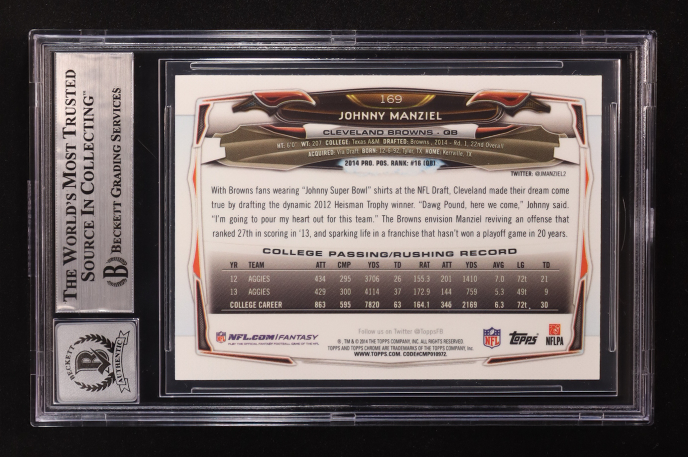 Johnny Manziel Signed 2014 Topps Chrome #169A RC Inscribed "Cleveland Sucks" (BGS | Autograph Graded 10) at PristineAuction.com Johnny Manziel Signed 2014 Topps Chrome #169A RC Inscribed "Cleveland Sucks" (BGS | Autograph Graded 10) at PristineAuction.com