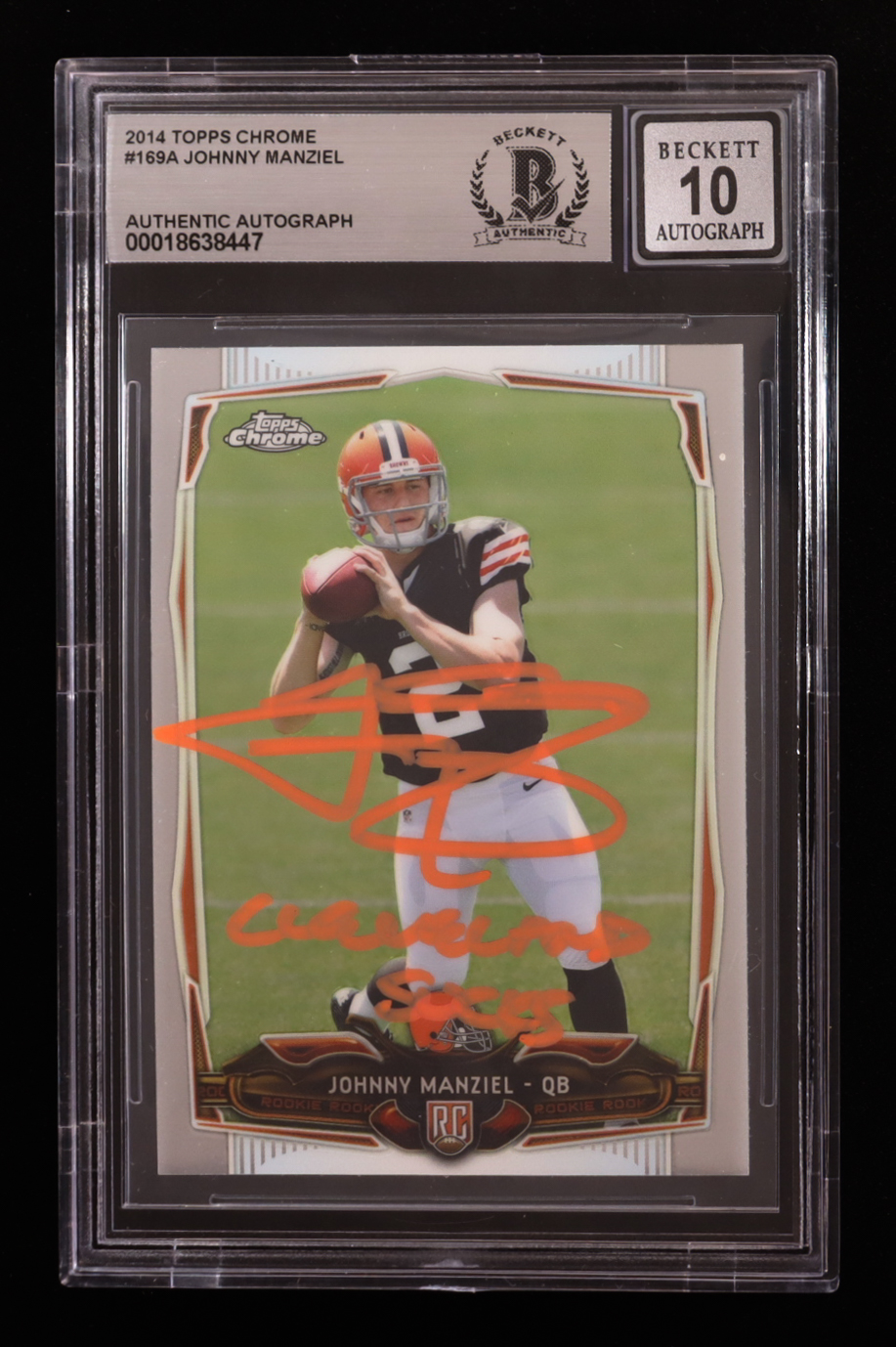 Johnny Manziel Signed 2014 Topps Chrome #169A RC Inscribed "Cleveland Sucks" (BGS | Autograph Graded 10) at PristineAuction.com Johnny Manziel Signed 2014 Topps Chrome #169A RC Inscribed "Cleveland Sucks" (BGS | Autograph Graded 10) at PristineAuction.com