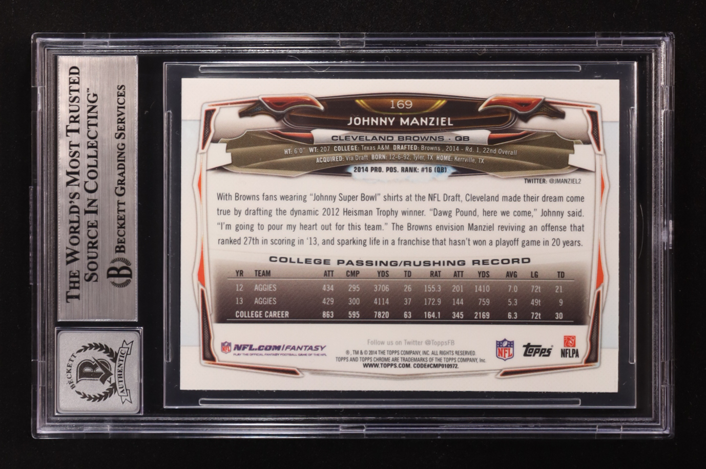 Johnny Manziel Signed 2014 Topps Chrome #169A RC Inscribed "Cleveland Sucks" (BGS | Autograph Graded 10) at PristineAuction.com Johnny Manziel Signed 2014 Topps Chrome #169A RC Inscribed "Cleveland Sucks" (BGS | Autograph Graded 10) at PristineAuction.com