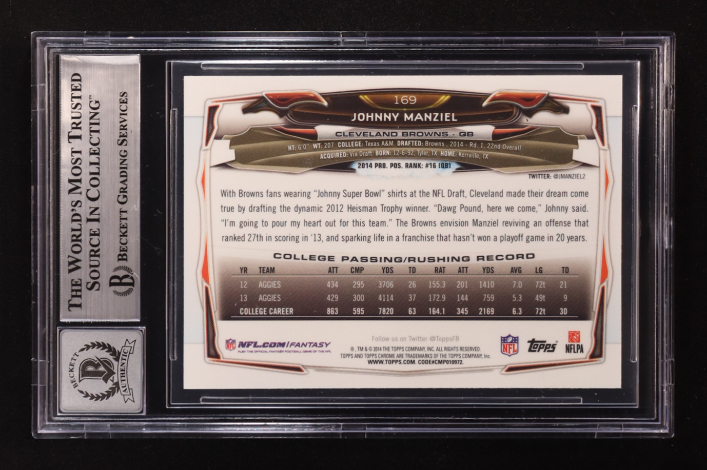 Johnny Manziel Signed 2014 Topps Chrome #169A RC Inscribed "Cleveland Sucks" (BGS | Autograph Graded 10) at PristineAuction.com Johnny Manziel Signed 2014 Topps Chrome #169A RC Inscribed "Cleveland Sucks" (BGS | Autograph Graded 10) at PristineAuction.com