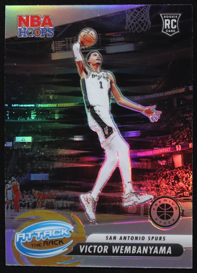 Victor Wembanyama 2023-24 Hoops Premium Stock Attack the Rack Silver Prizm #3 RC at PristineAuction.com Victor Wembanyama 2023-24 Hoops Premium Stock Attack the Rack Silver Prizm #3 RC at PristineAuction.com