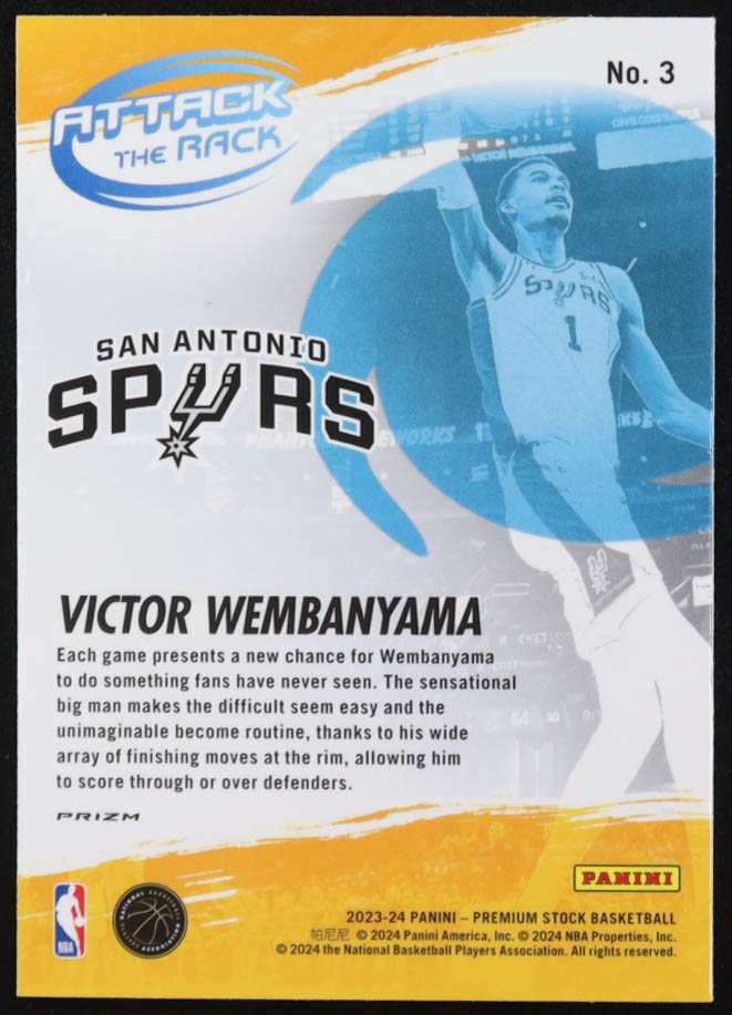 Victor Wembanyama 2023-24 Hoops Premium Stock Attack the Rack Silver Prizm #3 RC at PristineAuction.com Victor Wembanyama 2023-24 Hoops Premium Stock Attack the Rack Silver Prizm #3 RC at PristineAuction.com