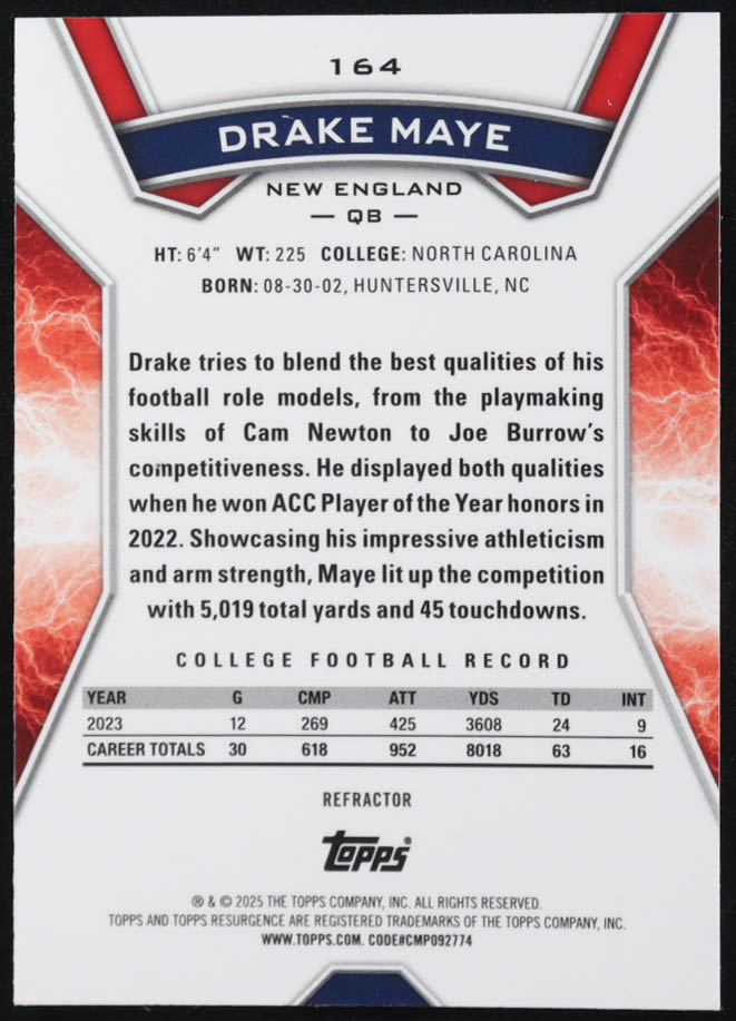 Drake Maye 2024 Topps Resurgence Refractors #164 RC at PristineAuction.com Drake Maye 2024 Topps Resurgence Refractors #164 RC at PristineAuction.com