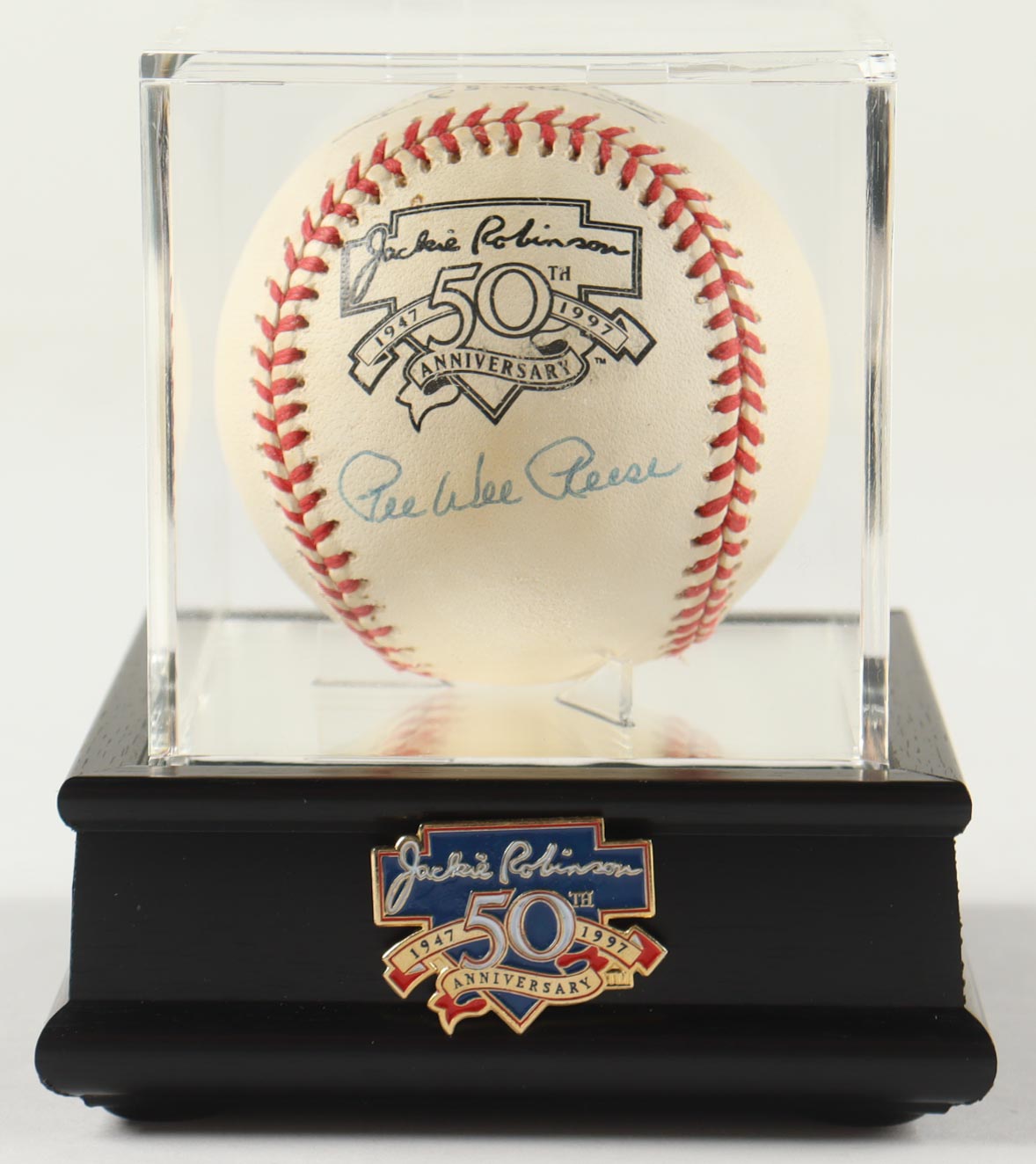 Pee Wee Reese Signed ONL Jackie Robinson 50th Anniversary Logo Baseball With Display Case & Jackie Robinson Pin (PSA) at PristineAuction.com Pee Wee Reese Signed ONL Jackie Robinson 50th Anniversary Logo Baseball With Display Case & Jackie Robinson Pin (PSA) at PristineAuction.com
