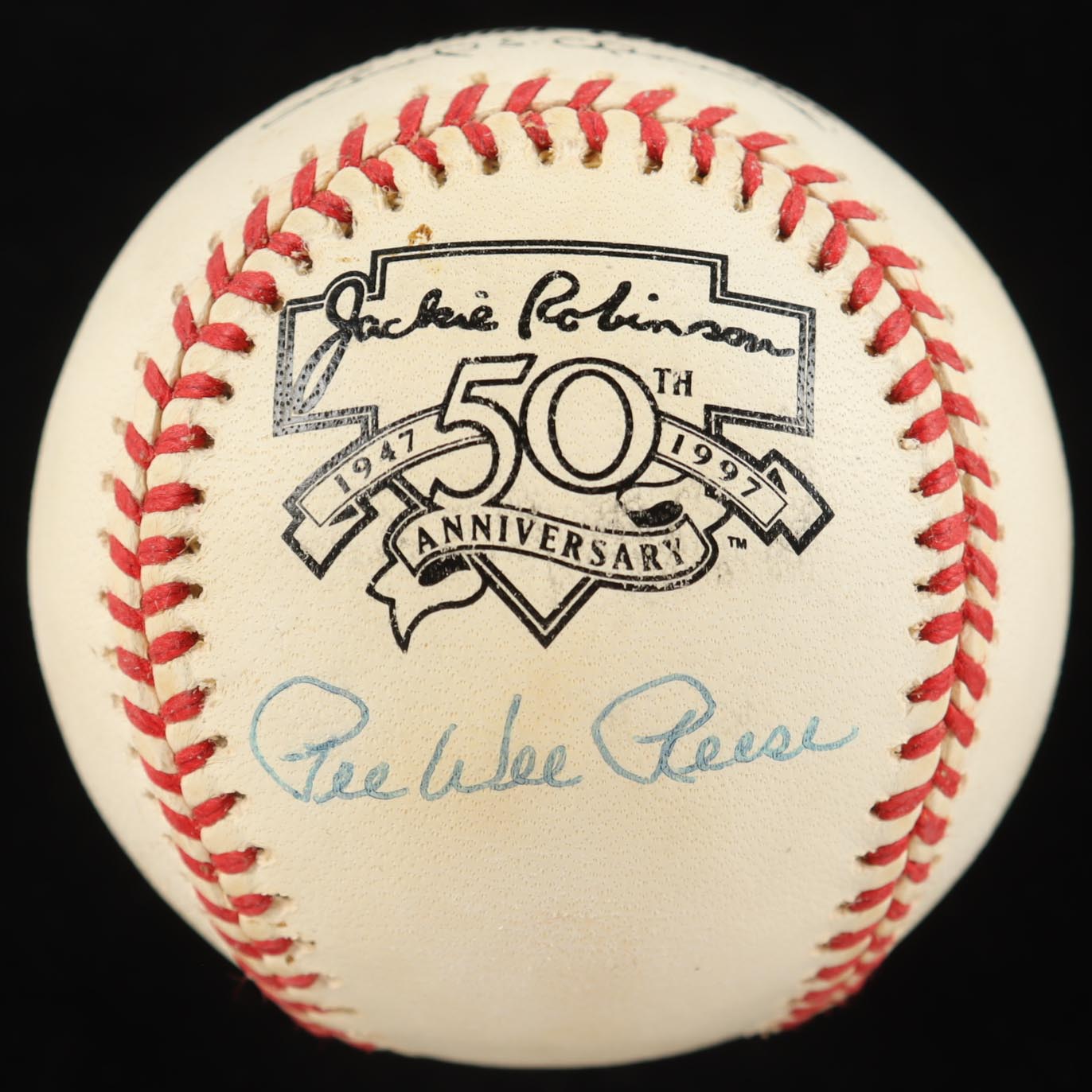 Pee Wee Reese Signed ONL Jackie Robinson 50th Anniversary Logo Baseball With Display Case & Jackie Robinson Pin (PSA) at PristineAuction.com Pee Wee Reese Signed ONL Jackie Robinson 50th Anniversary Logo Baseball With Display Case & Jackie Robinson Pin (PSA) at PristineAuction.com