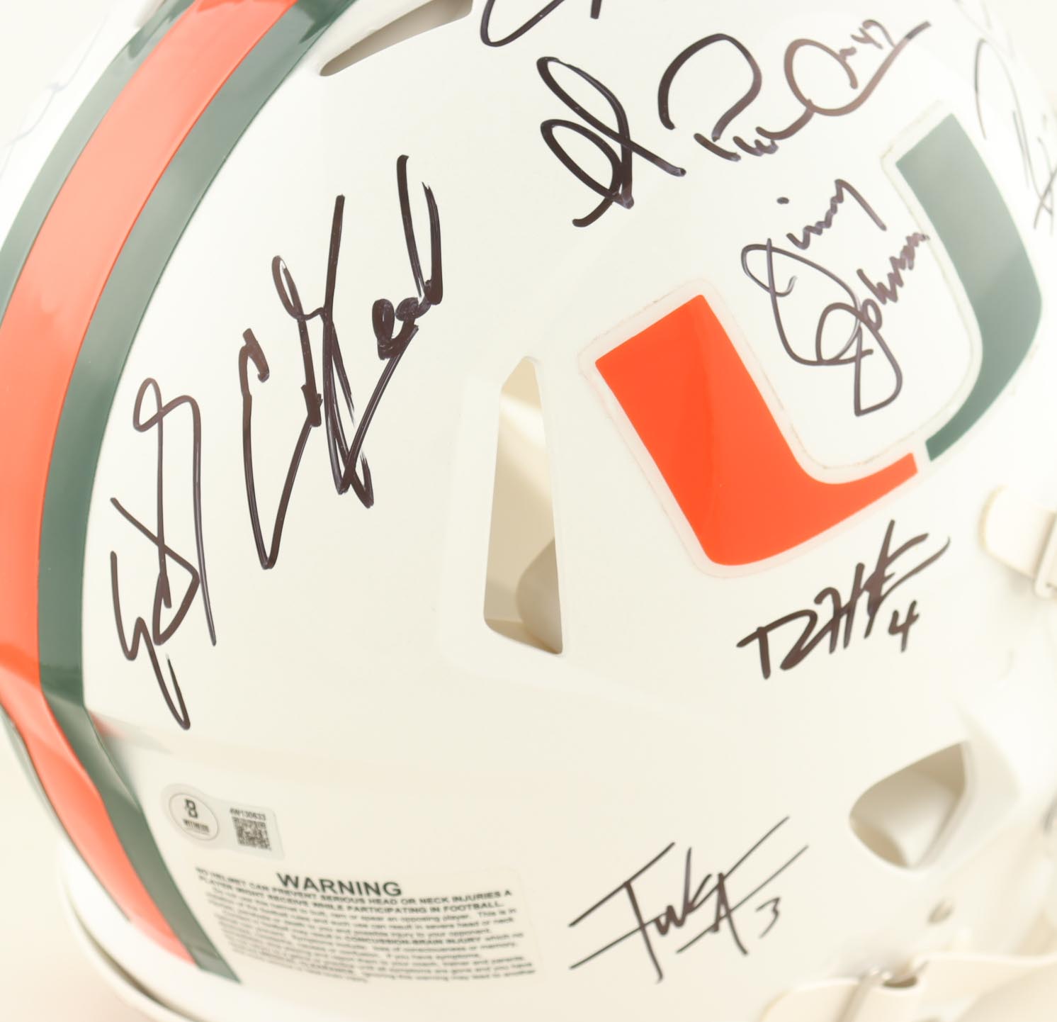 Miami Hurricanes Full-Size Authentic On-Field Speed Helmet Team-Signed By (10) with Ray Lewis, Edgerrin James, Ed Reed, Jim Kelly (Beckett) at PristineAuction.com Miami Hurricanes Full-Size Authentic On-Field Speed Helmet Team-Signed By (10) with Ray Lewis, Edgerrin James, Ed Reed, Jim Kelly (Beckett) at PristineAuction.com