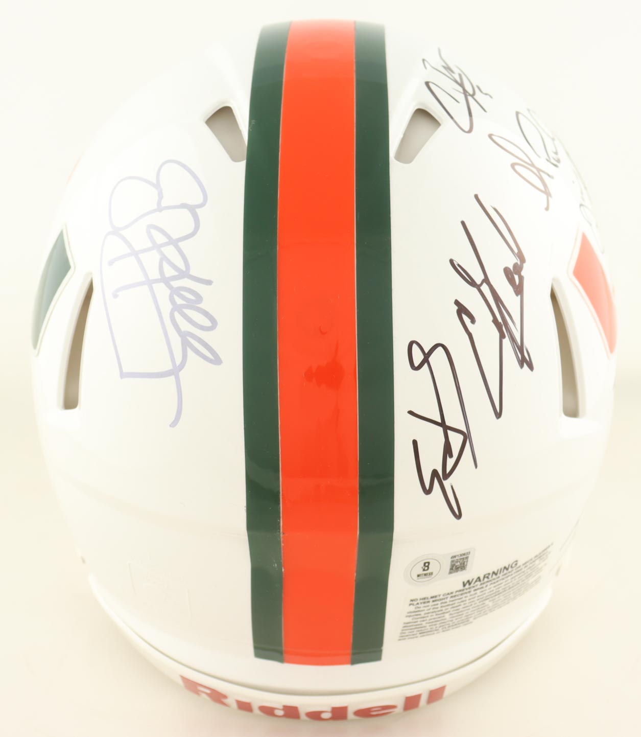 Miami Hurricanes Full-Size Authentic On-Field Speed Helmet Team-Signed By (10) with Ray Lewis, Edgerrin James, Ed Reed, Jim Kelly (Beckett) at PristineAuction.com Miami Hurricanes Full-Size Authentic On-Field Speed Helmet Team-Signed By (10) with Ray Lewis, Edgerrin James, Ed Reed, Jim Kelly (Beckett) at PristineAuction.com