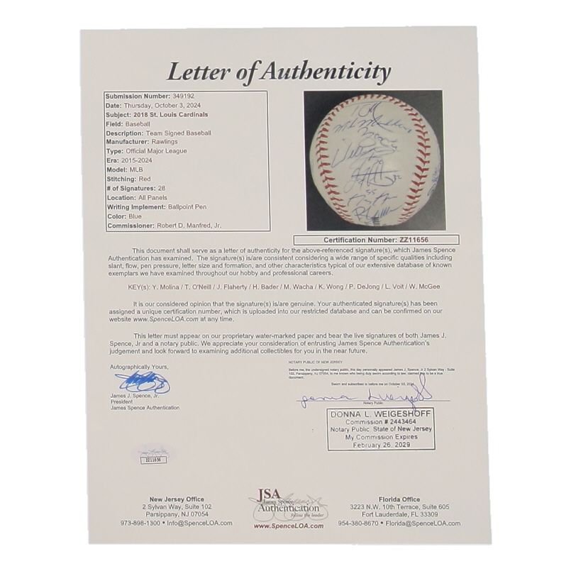 2018 Cardinals | OML Baseball Team-Signed by (28) with Yadier Molina, Jack Flaherty, Harrison Bader (JSA) at PristineAuction.com 2018 Cardinals | OML Baseball Team-Signed by (28) with Yadier Molina, Jack Flaherty, Harrison Bader (JSA) at PristineAuction.com