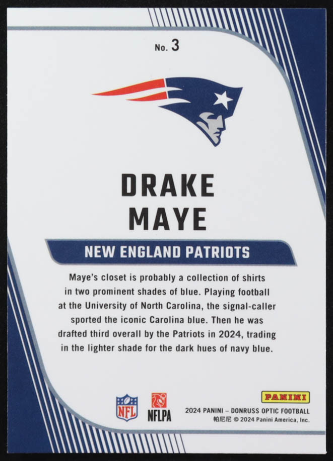 Drake Maye 2024 Donruss Optic Rookie Primary Colors #3 RC at PristineAuction.com Drake Maye 2024 Donruss Optic Rookie Primary Colors #3 RC at PristineAuction.com