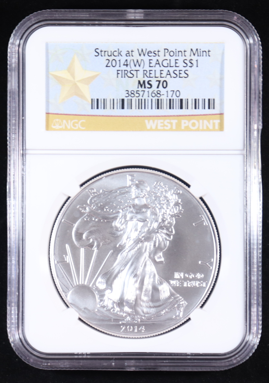 2014-(W) American Silver Eagle, First Releases - Struck at West Point Mint (NGC MS70) at PristineAuction.com 2014-(W) American Silver Eagle, First Releases - Struck at West Point Mint (NGC MS70) at PristineAuction.com