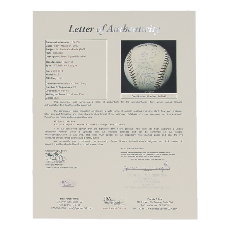 2008 Cardinals | OML Baseball Team-Signed by (27) with Albert Pujols, Yadier Molina, Chris Perez (JSA) at PristineAuction.com 2008 Cardinals | OML Baseball Team-Signed by (27) with Albert Pujols, Yadier Molina, Chris Perez (JSA) at PristineAuction.com