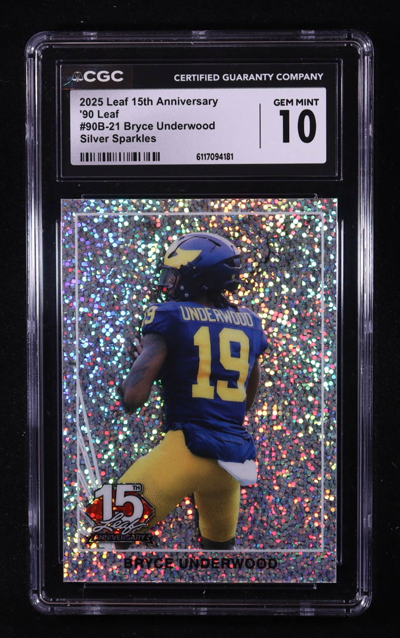 Bryce Underwood 2025 Leaf 15th Anniversary '90 Leaf Silver Sparkle #90B21 RC #6/15 (CGC 10) at PristineAuction.com Bryce Underwood 2025 Leaf 15th Anniversary '90 Leaf Silver Sparkle #90B21 RC #6/15 (CGC 10) at PristineAuction.com