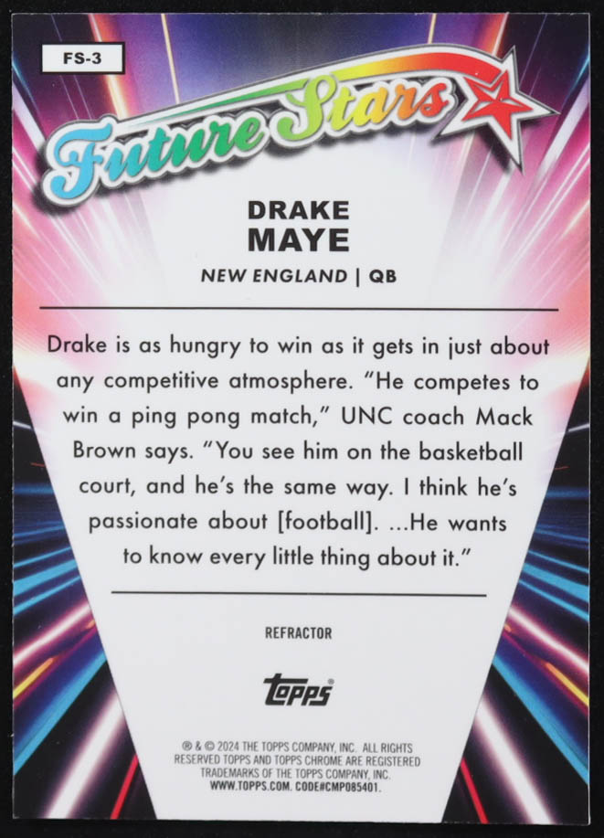 Drake Maye 2024 Topps Chrome Future Stars Refractors #FS3 RC at PristineAuction.com Drake Maye 2024 Topps Chrome Future Stars Refractors #FS3 RC at PristineAuction.com