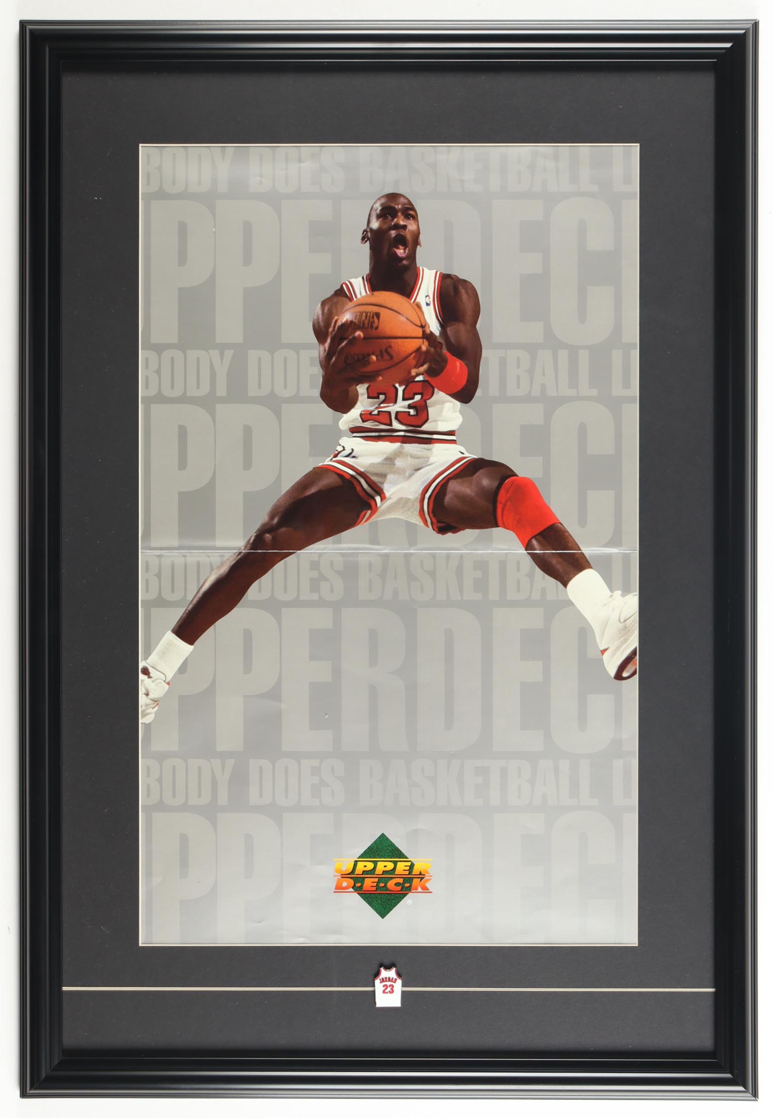 Michael Jordan 1991 Upper Deck Custom Framed Bulls Poster Display with Jordan Jersey Pin at PristineAuction.com Michael Jordan 1991 Upper Deck Custom Framed Bulls Poster Display with Jordan Jersey Pin at PristineAuction.com