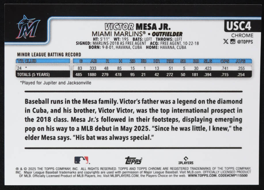 Victor Mesa Jr. 2025 Topps Chrome Update Red Geometric Refractors #USC4 #1/5 RC at PristineAuction.com Victor Mesa Jr. 2025 Topps Chrome Update Red Geometric Refractors #USC4 #1/5 RC at PristineAuction.com