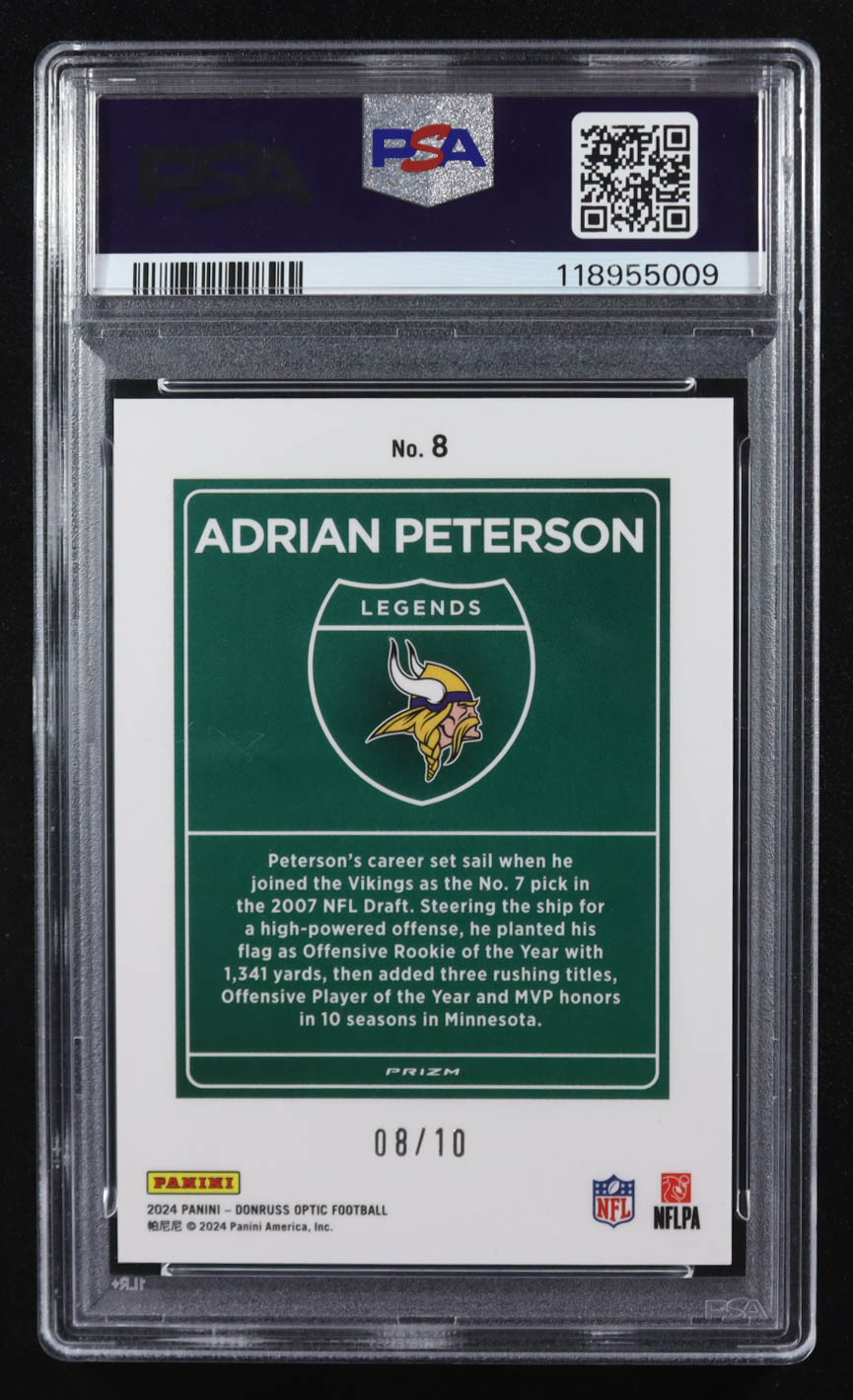 Adrian Peterson 2024 Panini Donruss Optic Downtown Legends Gold #8 #08/10 (PSA 9) at PristineAuction.com Adrian Peterson 2024 Panini Donruss Optic Downtown Legends Gold #8 #08/10 (PSA 9) at PristineAuction.com