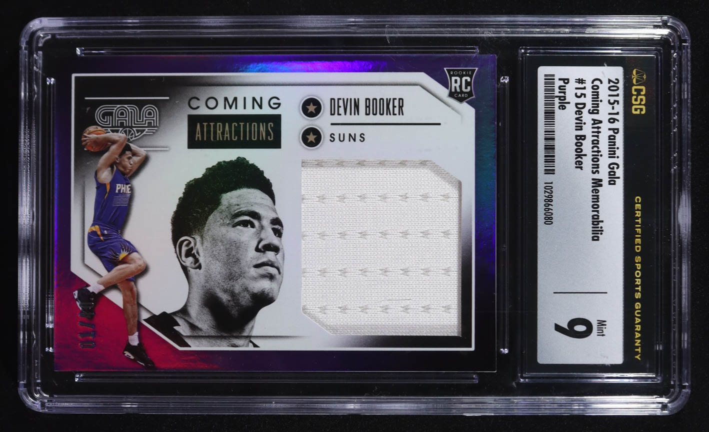 Devin Booker 2015-16 Panini Gala Coming Attractions Memorabilia Purple #15 RC #01/40 (CSG 9) at PristineAuction.com Devin Booker 2015-16 Panini Gala Coming Attractions Memorabilia Purple #15 RC #01/40 (CSG 9) at PristineAuction.com