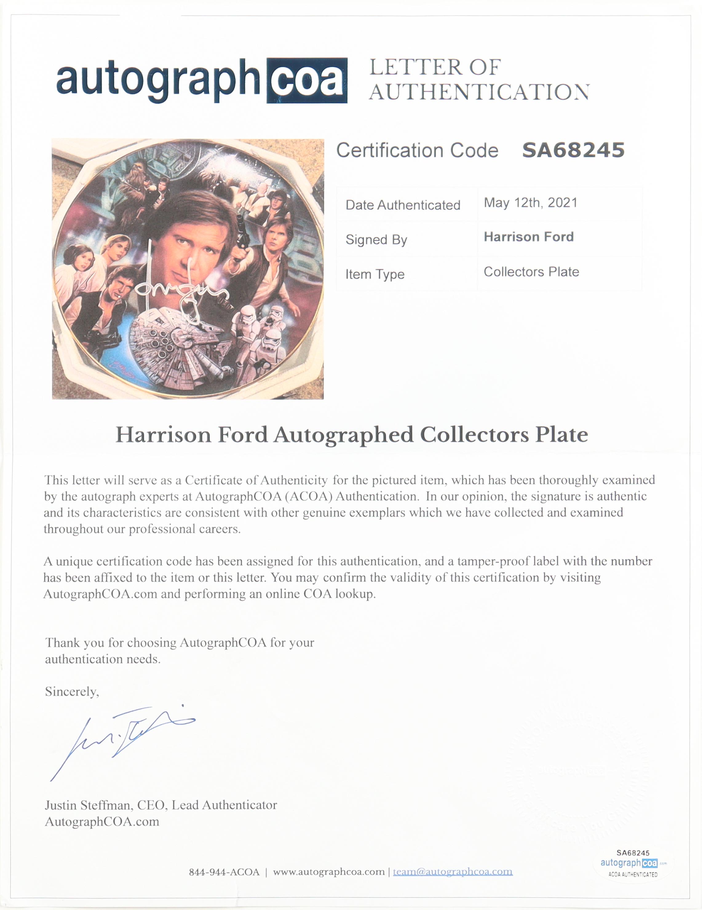 Harrison Ford Signed LE "Star Wars: Han Solo" Ceramic Plate (ACOA) at PristineAuction.com Harrison Ford Signed LE "Star Wars: Han Solo" Ceramic Plate (ACOA) at PristineAuction.com