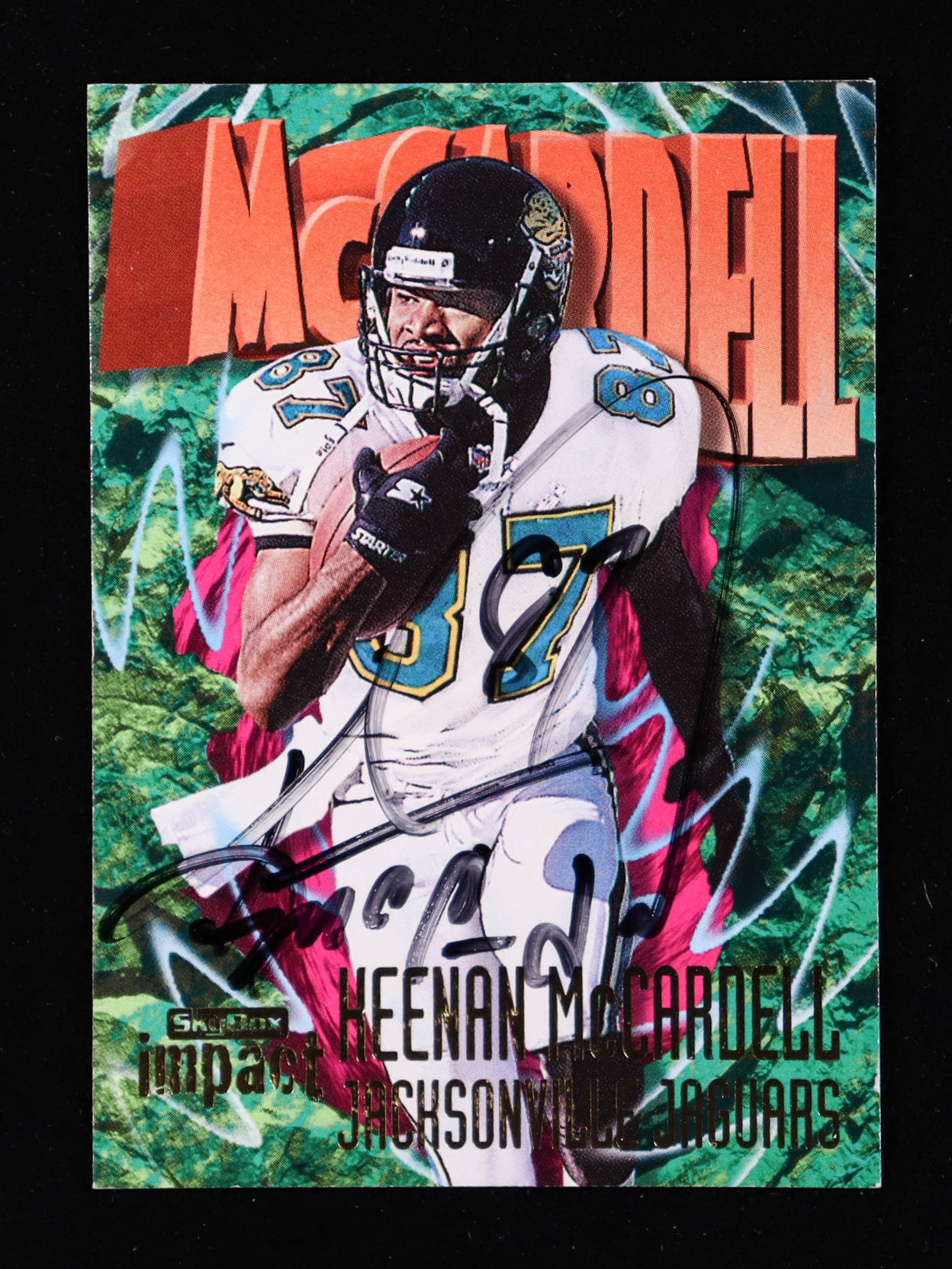 Keenan McCardell Signed 1997 SkyBox Impact #129 with Glass Display Case (Beckett) at PristineAuction.com Keenan McCardell Signed 1997 SkyBox Impact #129 with Glass Display Case (Beckett) at PristineAuction.com