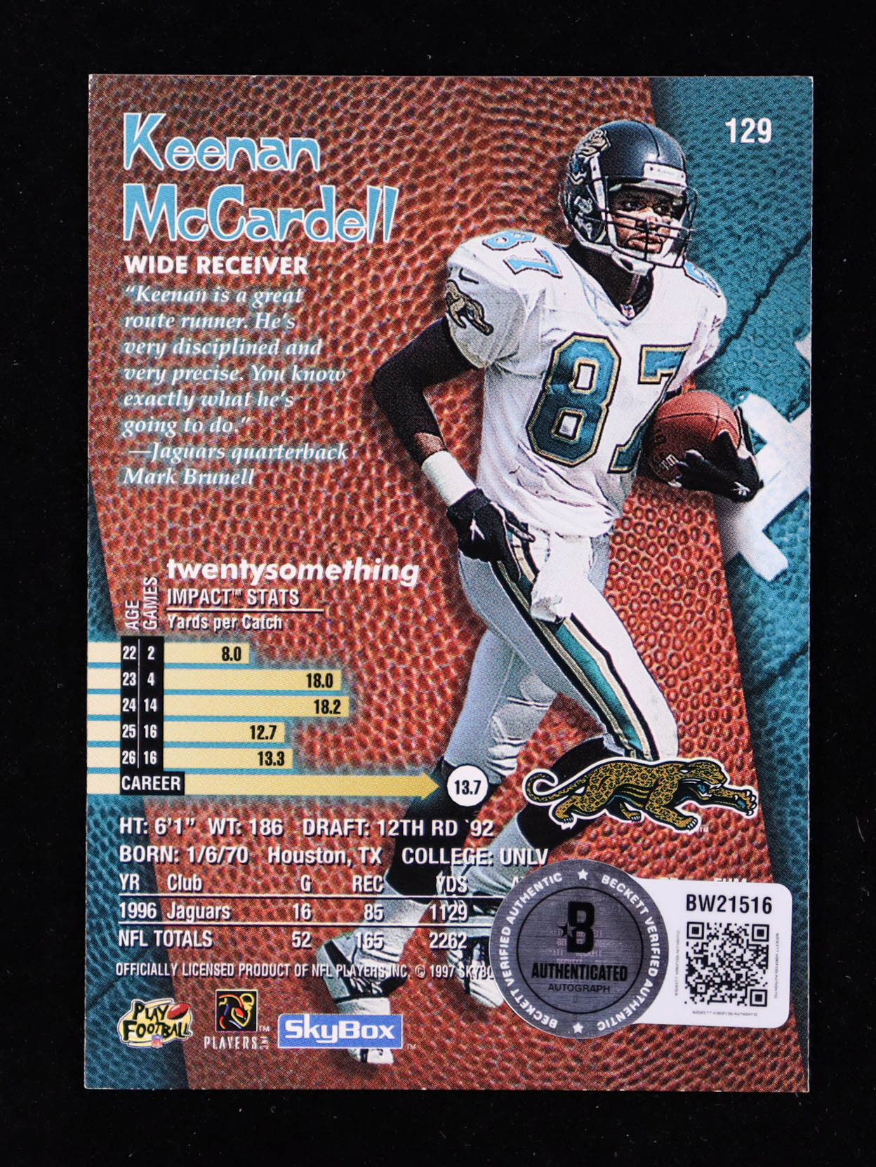 Keenan McCardell Signed 1997 SkyBox Impact #129 with Glass Display Case (Beckett) at PristineAuction.com Keenan McCardell Signed 1997 SkyBox Impact #129 with Glass Display Case (Beckett) at PristineAuction.com