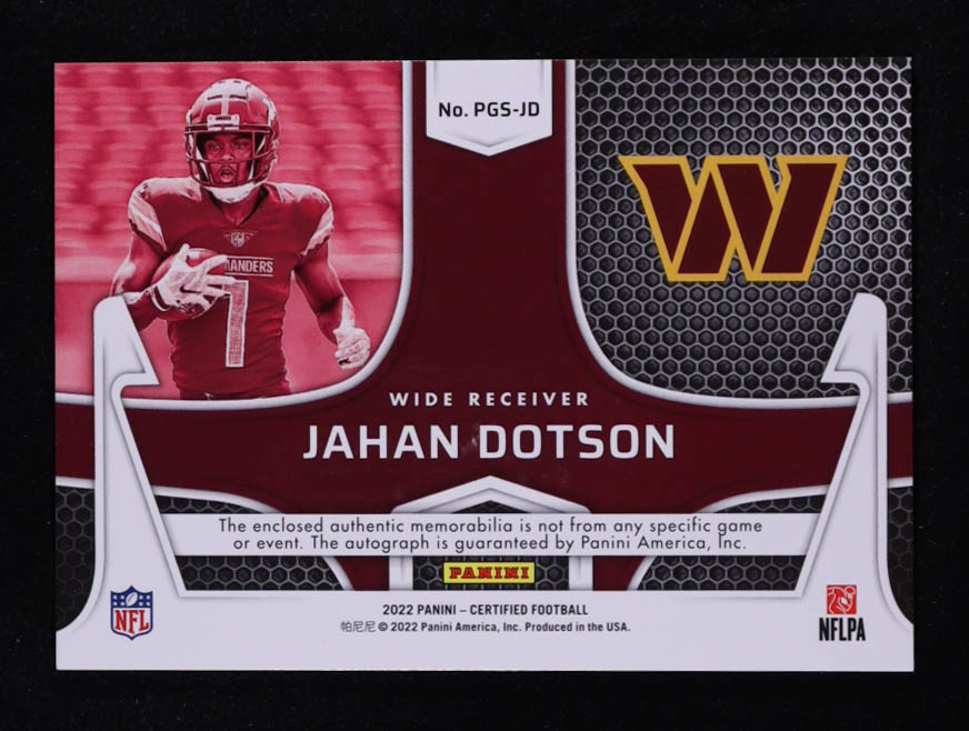 Jahan Dotson 2022 Certified Piece of the Game Signatures Red #6 #15/35 RC at PristineAuction.com Jahan Dotson 2022 Certified Piece of the Game Signatures Red #6 #15/35 RC at PristineAuction.com