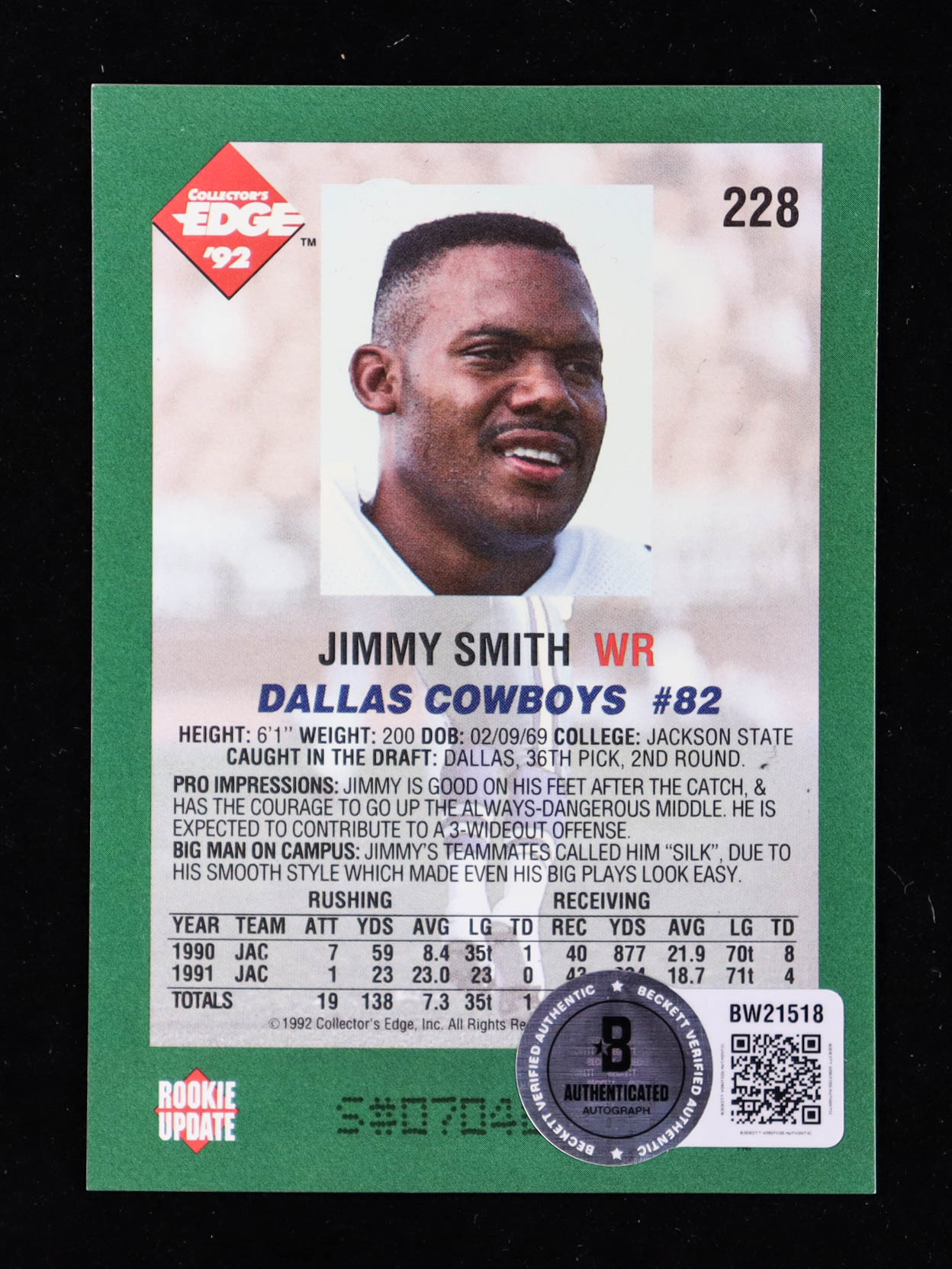 Jimmy Smith Signed 1992 Collector's Edge #228 RC (Beckett) at PristineAuction.com Jimmy Smith Signed 1992 Collector's Edge #228 RC (Beckett) at PristineAuction.com