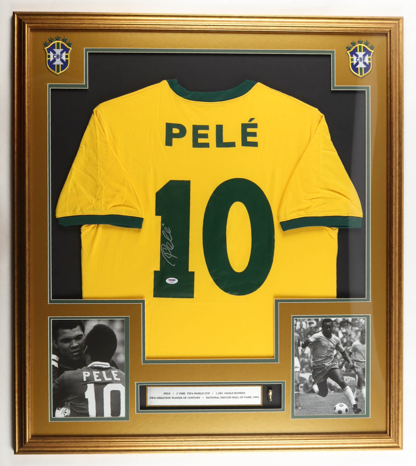 Pele Signed Custom Framed Jersey Display with Trophy Pin & Stat Plaque (PSA) at PristineAuction.com Pele Signed Custom Framed Jersey Display with Trophy Pin & Stat Plaque (PSA) at PristineAuction.com