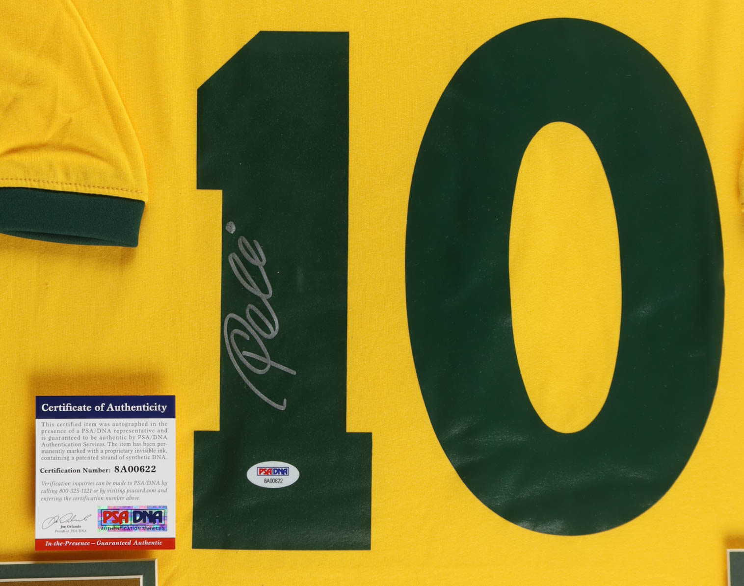 Pele Signed Custom Framed Jersey Display with Trophy Pin & Stat Plaque (PSA) at PristineAuction.com Pele Signed Custom Framed Jersey Display with Trophy Pin & Stat Plaque (PSA) at PristineAuction.com