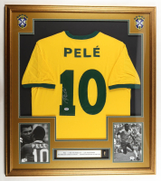 Pele Signed Custom Framed Jersey Display with Trophy Pin & Stat Plaque (PSA) at PristineAuction.com