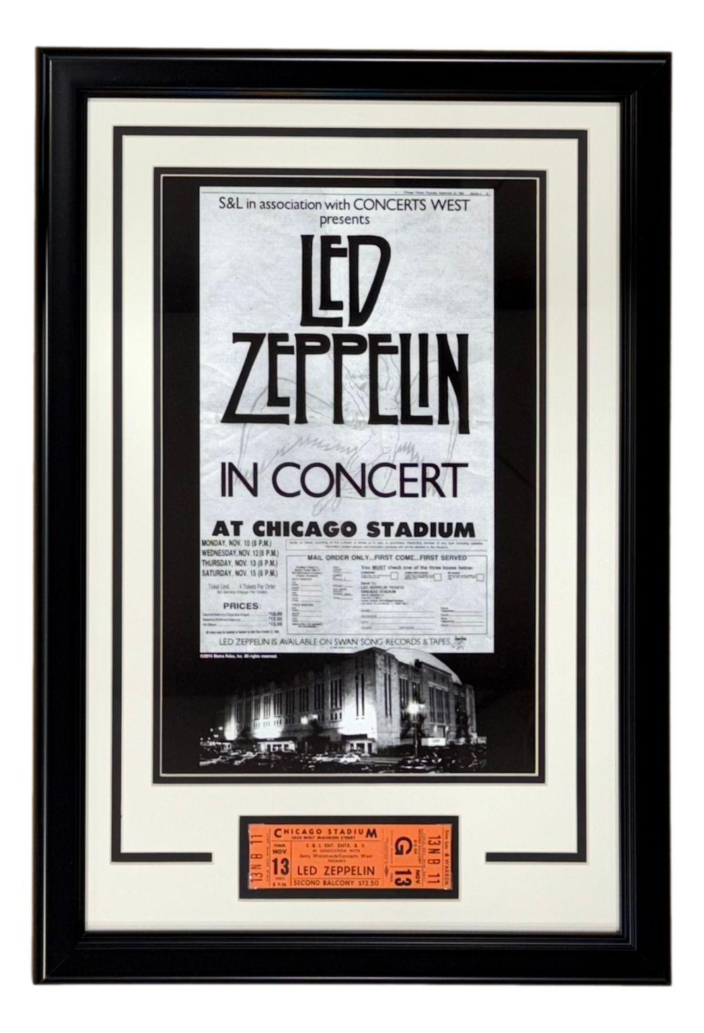 "Led Zeppelin at Chicago Stadium" Custom Framed Tour Poster Print Display with Original 1980 Ticket at PristineAuction.com "Led Zeppelin at Chicago Stadium" Custom Framed Tour Poster Print Display with Original 1980 Ticket at PristineAuction.com