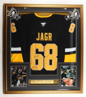 Jarom&iacute;r J&aacute;gr Signed Custom Framed Jersey Display with 6x Stanley Cup Champions Pin & (2) Team Logo Patches (Beckett) at PristineAuction.com