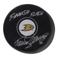 Teemu Selanne Signed Ducks Logo Hockey Puck Inscribed "Finnish Flash" (JSA) at PristineAuction.com