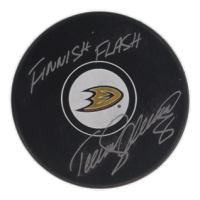 Teemu Selanne Signed Ducks Logo Hockey Puck Inscribed "Finnish Flash" (JSA) at PristineAuction.com
